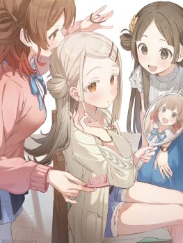 Rule 34 | 3girls, artist name, blonde hair, blouse, blue ribbon, blue shorts, blue skirt, blush, breasts, brown eyes, brown hair, camisole, cardigan, chair, colored eyelashes, comb, commentary request, denim, denim shorts, earrings, from side, gakuen idolmaster, gradient hair, grey hair, hair ornament, hair rings, hair tie, hairclip, hanami ume, hand mirror, hands on own knees, hatsuboshi gakuen school uniform, highres, holding, holding comb, holding hair tie, holding mirror, idolmaster, jewelry, kuramoto china, laurels, leaf hair ornament, leaning forward, long sleeves, looking at another, looking at viewer, medium breasts, mirror, multicolored hair, multiple girls, neck ribbon, on chair, open clothes, open mouth, open robe, orange eyes, parallel hairclips, parted bangs, pink cardigan, red hair, reflection, ribbon, robe, school uniform, shinosawa hiro, shirt, short sleeves, shorts, single hair ring, sitting, skirt, standing, stud earrings, swept bangs, tetta (tettaakira), twitter username, watch, whiet robe, white camisole, white shirt, wristband, wristwatch