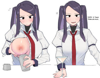 1girl bartender blush breasts censored cocktail_glass cocktail_shaker collared_shirt commentary cup drinking_glass english_commentary english_text giving grabbing_own_breast hand_milking jill_stingray lactating_into_container lactation large_breasts long_hair long_sleeves looking_at_viewer mosaic_censoring multiple_views necktie ohasi one_breast_out partially_unbuttoned purple_hair red_necktie self_milking shirt twintails unbuttoned unbuttoned_shirt upper_body va-11_hall-a white_shirt