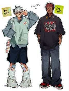2boys adjusting_eyewear air_jordan alternate_costume alternate_skin_color ankle_socks arm_tattoo bag baggy_pants baggy_shorts band_shirt bandaid bandaid_on_leg black_shirt black_shoes black_shorts blue_eyes blue_hoodie blue_shirt cat_face_sticker closed_mouth collared_shirt commentary crew_cut crossed_bandaids denim english_commentary english_text eyebrow_cut eyebrow_piercing face_piercing facial_tattoo film_grain full_body gauze gauze_on_leg gojou_satoru grey_necktie grin half-closed_eyes hand_in_pocket hands_in_pockets headphones headphones_around_neck heart heart-shaped_bandaid highres hood hood_down hoodie jeans jujutsu_kaisen laces legs_apart light_smile looking_at_another looking_at_viewer male_focus merchandise messy_hair mole mole_under_mouth multicolored_shoes multiple_boys necktie outline oversized_clothes oversized_shirt oversized_sweater pants piercing pink_hair plaid_clothes plaid_necktie red_eyes red_shoes round_eyewear ryoumen_sukuna_(jujutsu_kaisen) shirt shoes short_hair shorts shoulder_bag smile smiley_face snakebite_(piercing) sneakers socks spiked_ear_piercing standing star_(symbol) star_sticker sticker sticker_on_clothes sticky_note streetwear sunglasses t-shirt tan tattoo teeth to_0fu two-tone_shoes untucked_shirt white_background white_bag white_hair white_outline white_shoes white_socks zipper