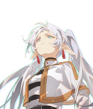 1girl breasts capelet earrings elf frieren green_eyes grey_hair highres indai_(3330425) jewelry long_hair meme pointy_ears simple_background solo sousou_no_frieren upper_body upward_angle_frieren_drawing_(meme) white_background white_capelet