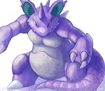 claws commentary_request gen_1_pokemon highres horns nidoking nintendo no_humans pokemon pokemon_(creature) reu_(amaharaleu) signature single_horn solo tail white_background