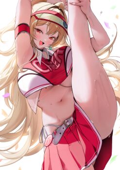 1girl :d arm_strap armpits belt blonde_hair blush cheerleader clay_(nikke) crop_top double-parted_bangs fang gluteal_fold goddess_of_victory:_nikke hair_intakes highleg highleg_panties highres holding_own_leg leg_up lock long_hair looking_at_viewer mikan03_26 mole mole_on_stomach nail_polish navel open_mouth padlock padlocked_collar panties pleated_skirt red_eyes rewind_(nikke) side-tie_panties skirt smile solo split standing standing_on_one_leg standing_split stomach sweat thighs two-tone_tank_top underwear visor_cap white_belt