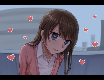 Rule 34 | 1girl, :d, blue eyes, brown hair, collared shirt, commentary request, earrings, heart, heart-shaped pupils, highres, jacket, jewelry, letterboxed, long hair, office lady, open mouth, original, pink jacket, setu kurokawa, shirt, smile, solo, symbol-shaped pupils, tongue, white shirt
