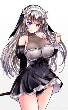 1girl arm_behind_back artist_name black_dress black_panties black_sleeves blush breasts brown_ribbon cleavage closed_mouth commentary_request covered_navel cowboy_shot cross dated detached_sleeves dress flower grey_background grey_hair habit hair_between_eyes hair_flower hair_ornament highres holding holding_staff juliet_sleeves large_breasts lelia_(sinisistar) long_hair long_sleeves looking_at_viewer mole mole_on_breast nun panties pantyshot puffy_sleeves purple_eyes rei_no_himo ribbon short_dress simple_background sinisistar smile solo staff underwear white_background white_flower yamaguchi_yuu
