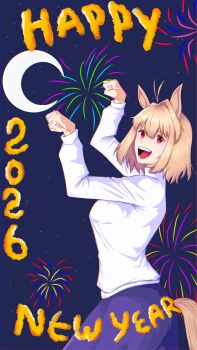 1girl 2026 :d absurdres ahoge animal_ears arcueid_brunestud blanket_fort321 blush breasts chinese_zodiac commentary crescent_moon english_commentary english_text fang fireworks hair_intakes happy_new_year highres horse_ears horse_girl horse_pose horse_tail long_skirt looking_at_viewer looking_back moon new_year open_mouth purple_skirt red_eyes skirt sky smile star_(sky) starry_sky sweater tail tsukihime turtleneck turtleneck_sweater white_sweater year_of_the_horse