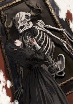 1girl absurdres antlers black_dress black_eyes black_hair bone dress expressionless gold_can highres holding horns looking_up medium_hair mole mole_under_eye original portrait_(object) skeleton solo