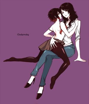 2girls age_difference ass ass_grab black_hair black_legwear bra unworn_bra cinder_fall clothes_lift denim from_behind high_heels jeans kuma_(bloodycolor) crossed_legs long_hair multiple_girls open_bra pants pantyhose red_hair ruby_rose rwby shirt short_hair skirt skirt_lift underwear white_shirt yuri