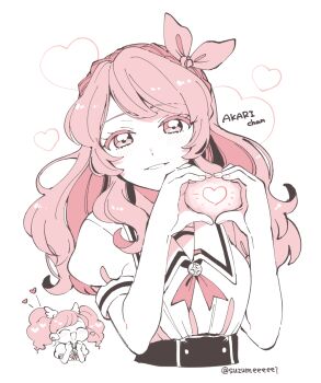 Rule 34 | 2girls, aikatsu!, aikatsu! (series), amahane madoka, braid, character name, commentary request, cropped torso, crown braid, hands up, heart, heart hands, highres, kumo suzume, long hair, looking at viewer, monochrome, multiple girls, ozora akari, school uniform, simple background, smile, solo focus, starlight academy school uniform, summer uniform, twitter username, upper body, white background