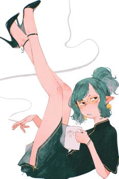 Rule 34 | 1girl, artist self-insert, black shirt, black shoes, capri pants, cigarette, coffee mug, commentary, cup, earrings, elf, english commentary, english text, glasses, gold earrings, gold trim, green hair, green pants, halfling, high heels, high ponytail, highres, holding, holding cigarette, holding cup, jewelry, legs up, looking to the side, lying, medium hair, mug, on back, original, pants, parted lips, pointy ears, ponytail, round eyewear, shirt, shoes, short sleeves, simple background, smoke, solo, spindle (aidenr0), spindle (spindle (aidenr0)), swept bangs, teeth, tinted eyewear, v-shaped eyebrows, white background, yellow-tinted eyewear