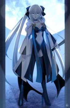 Rule 34 | 1girl, absurdres, black bow, black dress, black thighhighs, blue eyes, bow, breasts, commission, dress, fate/grand order, fate (series), full moon, hair bow, high heels, highres, large breasts, long hair, looking at viewer, moon, morgan le fay (fate), navel, ponytail, rey r31 44, signature, solo, staff, thighhighs, white hair