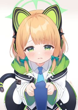 1girl absurdres animal_ear_headphones animal_ears artist_name black_jacket black_shorts black_tail blonde_hair blue_archive blue_necktie blunt_bangs blush bow buttons cat_ear_headphones cat_ears cat_tail chinese_commentary clothes_grab collared_shirt commentary_request cowboy_shot dated fake_animal_ears fake_tail gradient_background green_bow green_eyes green_halo green_jacket hair_bow halo headphones highres jacket long_sleeves looking_at_viewer low-tied_sidelocks midori_(blue_archive) multicolored_jacket necktie necktie_grab neckwear_grab open_clothes open_jacket parted_bangs parted_lips pov raised_inner_eyebrows shirt shorts sidelocks signature solo_focus tail tearing_up textless_version two-sided_fabric two-sided_jacket unbuttoned untucked_shirt wavy_mouth white_background white_jacket white_shirt wide_sleeves zcx