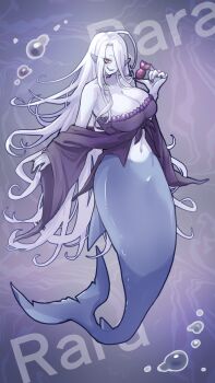 1girl ahoge black_nails breasts bubble character_name cleavage commentary_request fins fish_tail grin hair_over_one_eye highres holding jewelry komena_(shinyday312) large_breasts long_hair mermaid monster_girl multiple_rings nail_polish navel necklace original pale_skin pointy_ears purple_theme red_eyes ring shark_girl shark_tail sharp_teeth smile solo tail teeth underwater white_hair