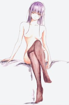 1girl absurdres bbmasa bed_sheet black_thighhighs blunt_bangs blush breasts closed_eyes closed_mouth collarbone commentary_request crossed_legs feet full_body gradient_background grey_background hibike!_euphonium highres knee_up liz_to_aoi_tori long_hair no_nipples nude purple_hair sitting small_breasts solo thighhighs yoroizuka_mizore