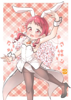 1girl animal_ears black_shoes blush commentary_request gochuumon_wa_usagi_desu_ka? high_heels highres leotard natsu_megumi open_mouth pantyhose playboy_bunny rabbit_ears rabbit_tail red_background red_eyes red_hair shoes solo tail takecho white_leotard wrist_cuffs