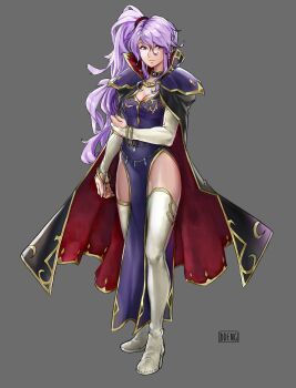 1girl absurdres bangle belly_chain black_cape boots bracelet breasts bridal_gauntlets cape choker cleavage collar daniel_deng dress earrings elbow_gloves female_focus fire_emblem fire_emblem:_genealogy_of_the_holy_war fire_emblem:_thracia_776 fire_emblem_heroes gem gloves high_heel_boots high_heels highres ishtar_(fire_emblem) jewelry large_breasts light_purple_hair light_smile lips nintendo parody ponytail purple_dress purple_eyes shoulder_pads side_ponytail side_slit sidelocks solo thigh_boots thighhighs thighs white_boots white_gloves