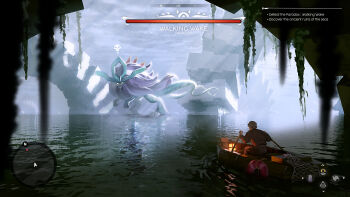 1boy arch boat boss_fight character_name claws english_text fake_screenshot forked_tail gameplay_mechanics heads-up_display health_bar highres lantern lifebuoy mane minimap moewndr nintendo on_boat plant poke_ball pokemon pokemon_(creature) pokemon_focus potion_(pokemon) purple_fur rowboat rowing standing standing_on_liquid swim_ring tail ultra_ball user_interface vines walking_wake water watercraft