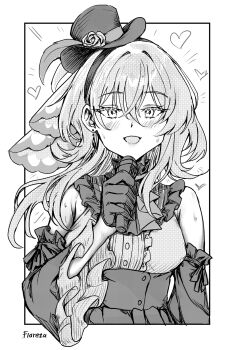 Rule 34 | 1girl, absurdres, artist name, blush, breasts, center frills, commentary, english commentary, flareza, frills, gloves, greyscale, hat, heart, highres, holding, holding microphone, idol, long hair, looking at viewer, medium breasts, microphone, monochrome, open mouth, shorekeeper (wuthering waves), sketch, smile, solo, sweat, top hat, wuthering waves