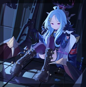 1girl ahoge armband artist_name beko_(beco_1122) blue_archive boots breasts coat coat_on_shoulders convenient_leg demon_girl demon_horns demon_wings dress full_body fur-trimmed_jacket fur_trim gloves hair_ornament hairclip halo highres hina_(blue_archive) horns indoors jacket long_hair looking_at_viewer low_wings multiple_horns parted_bangs purple_eyes red_armband sitting small_breasts solo white_hair wings