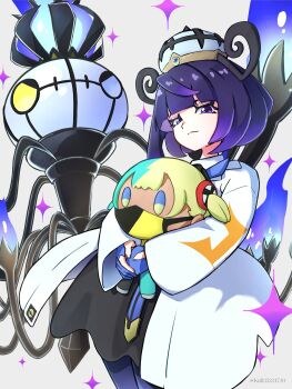 1girl aruke_(gter7727) black_dress black_pantyhose blue_gloves bob_cut canari_plush_(pokemon) chandelure character_doll closed_mouth coat doll dress eyelashes gen_5_pokemon gloves gwynn_(pokemon) hat highres holding holding_doll long_sleeves looking_at_viewer mega_chandelure nintendo open_clothes open_coat pantyhose partially_fingerless_gloves pokemon pokemon_(creature) pokemon_legends:_z-a purple_eyes purple_hair short_hair smile twitter_username white_coat