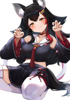 1girl animal_ear_fluff animal_ears black_hair black_serafuku black_shirt black_sleeves blush breasts choker claw_pose closed_mouth crop_top cropped_shirt detached_sleeves fang hair_ornament hairclip highres hololive kouhaku_nawa long_hair looking_at_viewer medium_breasts midriff miniskirt multicolored_hair neckerchief nyuyosuke_o_shigoto_boshuuchu ookami_mio ookami_mio_(1st_costume) pleated_skirt red_choker red_hair red_neckerchief rope sailor_collar school_uniform serafuku shimenawa shirt skin_fang skirt sleeveless sleeveless_shirt smile solo streaked_hair thighhighs very_long_hair virtual_youtuber white_sailor_collar white_thighhighs wolf_ears wolf_girl yellow_eyes