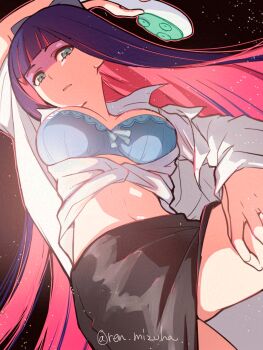 1girl black_background black_skirt blue_bra blue_hair blunt_bangs blush bra breasts cleavage colored_inner_hair commentary_request highres holding large_breasts long_hair looking_at_viewer multicolored_hair open_clothes open_shirt panty_&amp;_stocking_with_garterbelt pencil_skirt pink_hair pink_streaks ren_mizuha shirt skirt solo stocking_(psg) streaked_hair two-tone_hair underwear very_long_hair white_background white_shirt