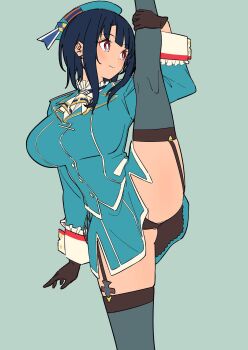 1girl beret black_gloves black_hair black_panties black_thighhighs blue_bow blue_hat blue_jacket blue_skirt bow breasts closed_mouth commentary_request garter_straps gloves hat highres jacket kamotsu kantai_collection large_breasts leg_lift long_sleeves military military_uniform panties red_eyes short_hair simple_background skirt solo split standing standing_on_one_leg standing_split takao_(kancolle) thighhighs underwear