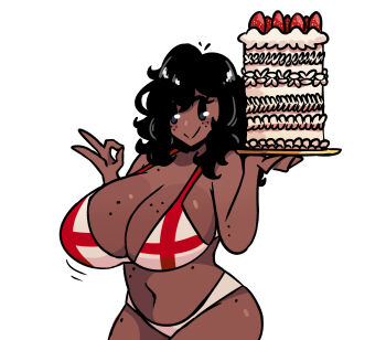 1girl bikini black_hair cake dark-skinned_female dark_skin england food murgoten swimsuit