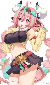 1girl absurdres ahoge amaneko_(amaneko_y) animal_ears aqua_hair bell belt black_skirt braid breasts bright_pupils cow_ears cow_horns cow_tail cowbell cowboy_shot detached_sleeves fur_trim genshin_impact hair_between_eyes hairband highres horns large_breasts long_hair long_sleeves looking_at_viewer midriff multicolored_hair navel open_mouth pink_hair purple_eyes signature simple_background single_thighhigh skirt streaked_hair tail teeth thighhighs twin_braids upper_teeth_only varesa_(genshin_impact) white_background yellow_sleeves