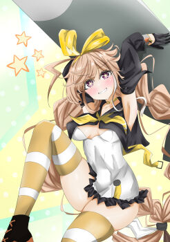 1girl absurdres ahoge armpits arms_up azur_lane black_gloves black_sailor_collar blush bow braid commentary_request gloves grin hair_bow highres holding holding_torpedo looking_at_viewer low_twin_braids neckerchief orange_hair purple_eyes rainbowbird sailor_collar smile solo star-shaped_pupils star_(symbol) striped_clothes striped_thighhighs symbol-shaped_pupils thighhighs torpedo twin_braids white_thighhighs william_d._porter_(azur_lane) yellow_bow yellow_neckerchief yellow_thighhighs