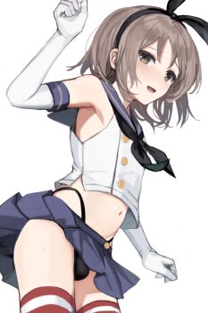 1boy arm_up armpits bare_shoulders black_neckerchief black_panties blue_sailor_collar blue_skirt blush bulge commentary_request cosplay cowboy_shot crop_top crossdressing crossdressing_(mtf) dot_nose elbow_gloves from_side gloves grey-haired_boy_(sunaba_(nczd5875)) grey_eyes grey_hair highleg highleg_panties kantai_collection light_blush looking_at_viewer male_focus medium_hair midriff miniskirt navel neckerchief open_mouth original panties partial_commentary pleated_skirt sailor_collar shimakaze_(kancolle) shimakaze_(kancolle)_(cosplay) shirt simple_background skirt sleeveless sleeveless_shirt solo striped_clothes striped_thighhighs sunaba_(nczd5875) thighhighs trap underwear white_background white_gloves white_shirt