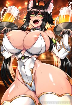 1girl absurdres ahoge alcohol animal_ears areola_slip arms_up bare_shoulders barmaid beer beer_mug black_hair blonde_hair blush breasts cup curvy green_eyes highres huge_breasts leotard lips long_hair mug multicolored_hair narrow_waist open_mouth original revealing_clothes ryuu_(ryuukuarts) ryuukuarts solo strapless strapless_leotard sweat thick_thighs thighhighs thighs white_leotard white_thighhighs wide_hips
