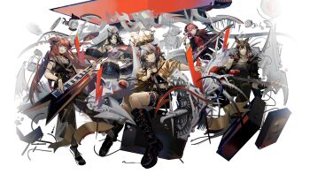 1boy 4girls :d animal_ears arknights bad_link bagpipe_(ambience_synesthesia)_(arknights) bagpipe_(arknights) black_boots black_dress black_gloves black_hair blaze_(arknights) blaze_(burst_feline)_(arknights) boots bracelet brown_jacket cat_ears courier_(arknights) courier_(speechless_sound)_(arknights) crop_top crown dress drum electric_guitar eyewear_on_head fingerless_gloves full_body gloves grey_hair grin guitar heavy_metal highres holding holding_instrument horns instrument jacket jewelry keyboard_(instrument) long_hair looking_at_viewer midriff multiple_girls music norizc official_alternate_costume official_art open_clothes open_jacket open_mouth orange_eyes orange_hair playing_instrument purple_eyes red_hair red_shirt second-party_source shirt short_sleeves shoulder_strap simple_background smile spiked_bracelet spikes sunglasses tank_top thigh_strap thighs transparent_background very_long_hair vigna_(arknights) vigna_(black_wave)_(arknights) w_(arknights) w_(cannot_wait_for)_(arknights) white_tank_top