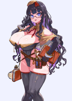 1girl asanagi bare_shoulders belt black_gloves black_hair black_leotard black_thighhighs blue_eyes book breasts brown_capelet brown_hat capelet cleavage elbow_gloves flask glasses gloves hat highleg highleg_leotard highres large_breasts leotard long_hair looking_at_viewer mole mole_on_breast open_mouth original round-bottom_flask smile solo test_tube thighhighs thighs wavy_hair wrist_cuffs