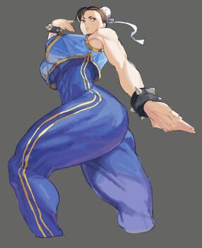 1girl abs ass bare_shoulders blue_bodysuit bodysuit bracelet breasts brown_eyes brown_hair capcom chun-li double_bun grey_background hair_bun highres huge_breasts jewelry kugara4423 large_breasts looking_back muscular solo spiked_bracelet spikes street_fighter street_fighter_zero_(series) thighs