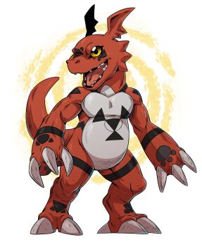 Rule 34 | absurdres, artbygrim, claws, colored skin, digimon, digimon (creature), guilmon, highres, looking to the side, no humans, open mouth, red skin, solo, tail, white background