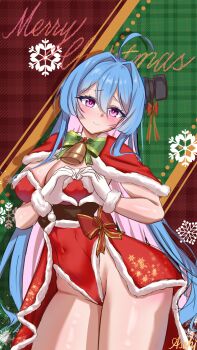 1girl absurdres alternate_costume azur_lane bell blue_hair bow bowtie breasts christmas cleavage commentary_request covered_navel dustar812 gloves green_bow green_bowtie groin hair_between_eyes hands_up heart heart_hands helena_(azur_lane) highleg highleg_leotard highres leaning_to_the_side leotard long_hair medium_breasts merry_christmas multicolored_hair neck_bell purple_eyes purple_hair red_leotard santa_costume skin_tight smile solo strapless strapless_leotard thighs two-tone_hair very_long_hair white_gloves