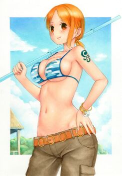 1girl bikini bikini_top_only border breasts brown_eyes cleavage clima-tact female_focus hand_on_own_hip large_breasts log_pose midriff nami_(one_piece) nami_(one_piece)_(skypiea) navel one_piece orange_hair pochi_(popcooooorn) short_hair shoulder_tattoo skypiea solo staff standing swimsuit tattoo weapon white_border