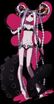 1girl abigail_williams_(fate) abigail_williams_(swimsuit_foreigner)_(fate) abigail_williams_(swimsuit_foreigner)_(first_ascension)_(fate) bare_shoulders barefoot bikini black_bikini black_bow black_hands bow breasts colored_extremities colored_skin commentary_request double_bun fate/grand_order fate_(series) forehead full_body hair_bow hair_bun highres keyhole long_hair looking_at_viewer navel orange_bow parted_bangs red_eyes sidelocks small_breasts smile solo swimsuit tentacles third_eye twintails veil very_long_hair white_hair white_skin yubeshi_(zecxl)