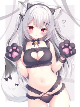 1girl animal_ears animal_hands black_bra black_panties blush bra breasts cleavage clothing_cutout commentary_request commission cowboy_shot double-parted_bangs fox_ears fox_girl fox_tail frilled_bra frilled_panties frills gloves grey_hair hair_ornament heart_cutout highres indie_virtual_youtuber large_breasts long_hair looking_at_viewer navel nekoboshi_yuki netsuki_cross panties parted_lips paw_gloves red_hair skeb_commission solo stomach tail underwear underwear_only virtual_youtuber x_hair_ornament