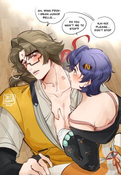 1boy 1girl 2025 7aizagatha artist_name belle_(delicate_sunlight)_(zenless_zone_zero) belle_(zenless_zone_zero) bite_mark bite_mark_on_neck blue_hair blush breath brown_hair chinese_clothes collarbone commentary dress dress_over_shirt droopy_ears english_commentary english_text facial_mark flying_sweatdrops forehead_mark girl_on_top glasses green_eyes hair_ornament half-closed_eyes hand_on_another&#039;s_chest hetero highres layered_sleeves letter_hair_ornament long_hair long_sleeves looking_at_another lying off_shoulder official_alternate_costume on_back open_mouth orange_dress pantyhose parted_bangs red_eyes shirt short_hair short_over_long_sleeves short_sleeves speech_bubble white_pantyhose white_shirt ye_shiyuan zenless_zone_zero