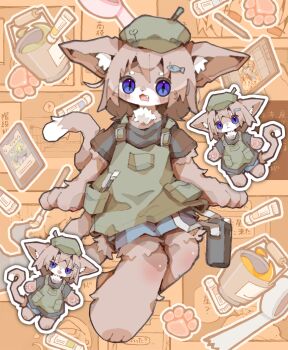 1girl :&lt; absurdres animal_ear_fluff animal_ears animal_feet animal_hands apron artist_self-reference bad_id bad_twitter_id black_shirt blue_eyes blue_shorts brown_background brown_fur brown_hair brown_tail newsboy_cap cat_ears cat_tail chibi chibi_inset closed_mouth comic_background commentary_request deformed fang fish_hair_ornament full_body furry furry_female green_apron green_hat hair_ornament hat highres jitome looking_at_viewer medium_hair multiple_views neck_fur nikamoka open_mouth original outline paint_can paint_tube paintbrush paw_print pawpads shirt short_eyebrows shorts slit_pupils solo_focus t-shirt tail tape thick_eyebrows tongue tongue_out translation_request white_outline