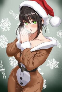 1girl absurdres bare_shoulders belt black_hair blush breasts brown_jumpsuit collarbone commentary english_commentary fate/grand_order fate_(series) fur-trimmed_headwear fur_trim green_eyes hat highres jumpsuit large_breasts long_sleeves looking_at_viewer medium_hair off_shoulder oldmanjenkins84 open_mouth qin_liangyu_(fate) red_hat santa_hat sidelocks solo thighs