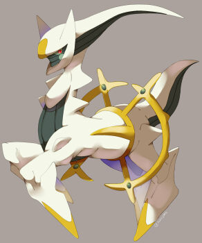 animal_focus arceus artist_name closed_mouth colored_sclera commentary_request floating from_side full_body gem gen_4_pokemon green_gemstone green_sclera grey_background highres ingoguma legendary_pokemon looking_at_viewer mythical_pokemon nintendo no_humans pokemon pokemon_(creature) red_eyes simple_background solo