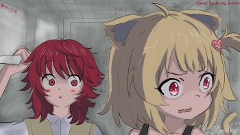 animal_ears bad_tag bittycat bittycat_(vtuber) blonde_hair cat_ears cat_girl cat_tail child gameplay helmet highres horror_(theme) knife red_eyes red_hair saiko_no_sutoka scared school_uniform tail yandere