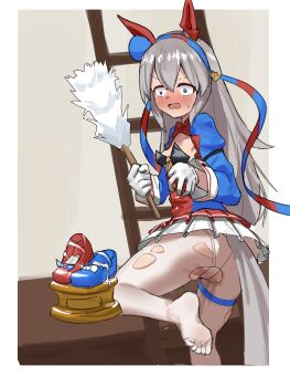 1girl absurdres alternate_costume animal_ears ass blue_eyes blue_hairband blue_jacket blue_shoes blush border bow breasts commentary_request cum_in_footwear duster ear_covers ear_ornament feather_duster feet gloves grey_hair hair_between_eyes hair_ornament hairband headband highres holding horse_ears horse_girl horse_tail indoors jacket juliet_sleeves ladder long_hair long_sleeves miniskirt open_mouth pantyhose pleated_skirt puffy_sleeves red_bow red_hairband red_headband red_jacket red_shoes shoes skirt small_breasts solo tail tamamo_cross_(umamusume) torn_clothes torn_pantyhose two-tone_hairband umamusume v-shaped_eyebrows very_long_hair white_border white_gloves white_pantyhose white_skirt xiao_juicai