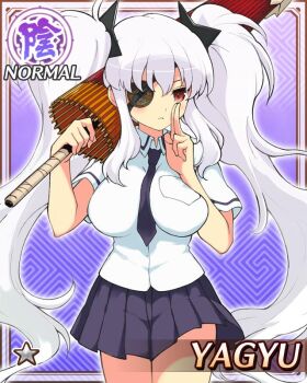 1girl between_breasts blue_necktie blue_skirt breasts eyepatch game_cg hanzou_academy_school_uniform holding holding_umbrella kuji-in large_breasts light_frown long_hair looking_at_viewer necktie necktie_between_breasts non-web_source official_alternate_costume official_art oil-paper_umbrella red_eyes school_uniform senran_kagura senran_kagura_new_wave shirt shuriken shuriken_hair_ornament sidelocks skirt solo twintails umbrella very_long_hair wavy_hair weapon white_hair white_shirt yagyu_(senran_kagura)