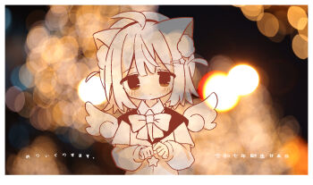 1girl ahoge animal_ears blurry bokeh bow cat_ears depth_of_field hair_ornament highres long_sleeves mini_wings nakkar original shirt solo wings