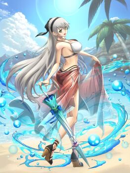 1girl beach bikini black_hairband breasts chiga_akira coconut_tree eiyuu_densetsu elie_macdowell floating_hair full_body green_eyes grey_hair hair_between_eyes hair_ribbon hairband hajimari_no_kiseki high_heels highres holding holding_umbrella large_breasts long_hair looking_at_viewer ocean open_mouth outdoors palm_tree ribbon smile solo swimsuit tree umbrella water
