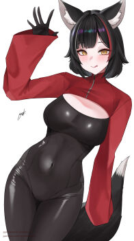 1girl :q absurdres alternate_costume alternate_hairstyle animal_ears black_bodysuit black_hair black_tail blunt_bangs bodysuit breasts commentary covered_navel hand_up highres hololive large_breasts looking_at_viewer multicolored_hair ookami_mio parted_bangs pynkmouth red_hair red_shrug short_hair shrug_(clothing) simple_background single_sleeve_past_fingers single_sleeve_past_wrist solo streaked_hair tail thigh_strap tongue tongue_out virtual_youtuber waving white_background wide_sleeves wolf_ears wolf_girl wolf_tail yellow_eyes
