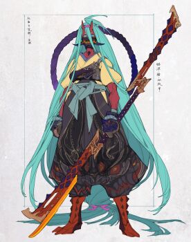 1girl blue_hair breasts clothing_request colored_skin gloves hair_between_horns highres horns japanese_clothes loiza long_hair looking_at_viewer mask muscular muscular_female oni original red_horns red_oni red_skin skin-covered_horns smile solo very_long_hair weapon_request